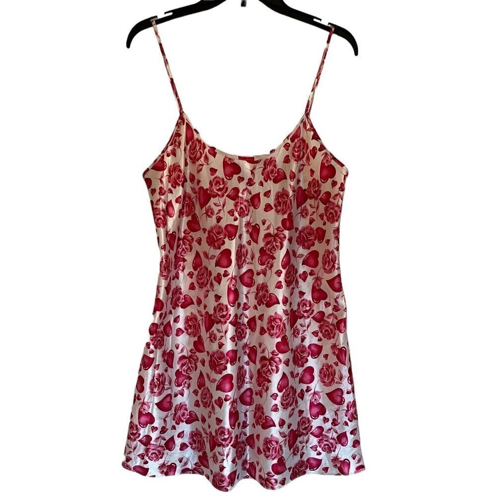 Vtg Private Luxuries Satin Chemise Mini Slip Dress S Hearts Floral Rose 90s Y2K